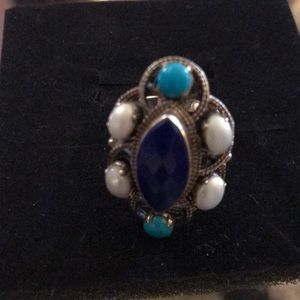Genuine Silver pearl, turquoise & sapphire ring